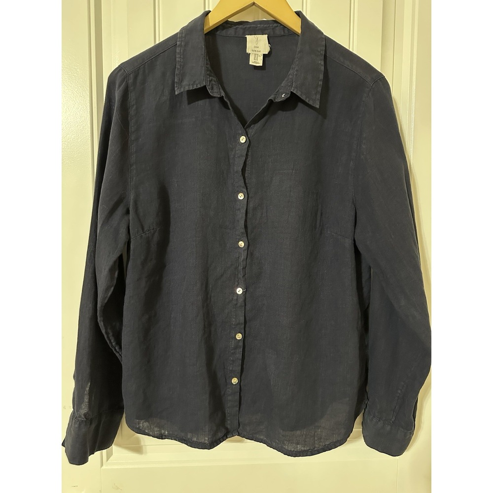 Joie Women's Top XL Linen Blue Navy Quiet Luxury Timeless French Basic Layering